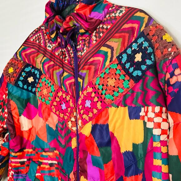 FARM RIO Crochet Patchwork Print Reversible Oversize Puffer Jacket Size Medium - Picture 14 of 16